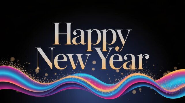 Happy new year text with colorful abstract wave and glitter - Powered by Adobe