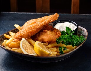 classic fish and chips platter crispy fried fish fries lemon and parsley in british cuisine