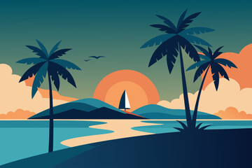 Obraz premium Summer Tropical Island with Surfboards vector illustration
