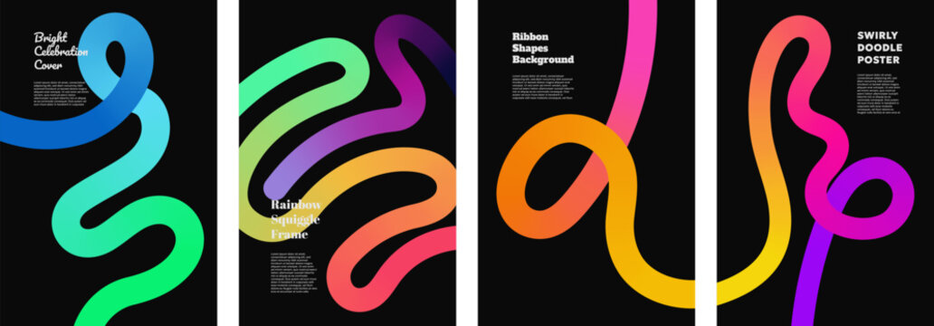 Bright color lines twist in abstract ribbon curves creating a fluid rainbow swirl. Modern vector layout blends wavy strokes with playful kid doodle energy for creative geometric poster or party cover.