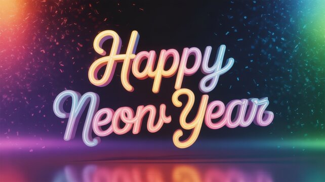 Happy neon year festive text with colorful confetti and glow - Powered by Adobe