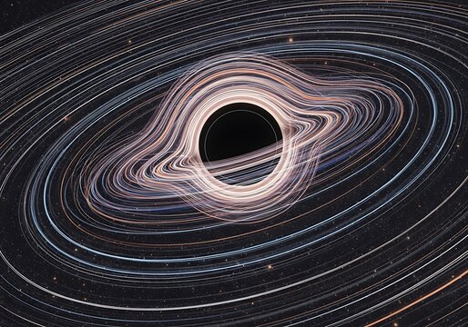 Simulated black hole warping spacetime, showcasing gravitational lensing and accretion disk