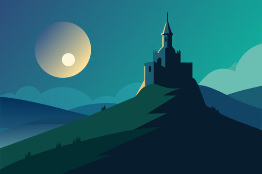 Fantasy Wizard Tower on Hill at Night vector illustration