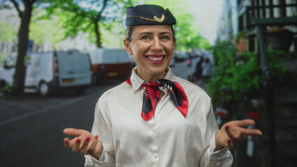 Woman gestures with bare hands adjusting red scarf and navy cap on city street lined with vans;...