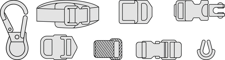 Strap hardware, vector, illustration, sketch, outline, buckle, hook, carabiner, gear, ergonomic, durable, technical, structured, layout, silhouette, fastening, secure, equipment