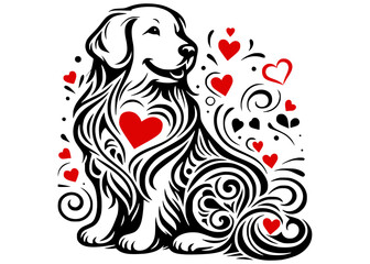 Golden Retriever Dog Sitting with Hearts Line art vector 