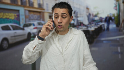 Young man with phone outdoors in urban street setting, wearing white shirt, conveying conversation, focus, city life, hispanic culture, modern technology, day setting.