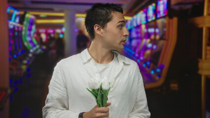 Young man in a casino holding flowers indoors near vibrant slot machines offers a blend of emotion and culture against the colorful background of a bustling gaming environment.