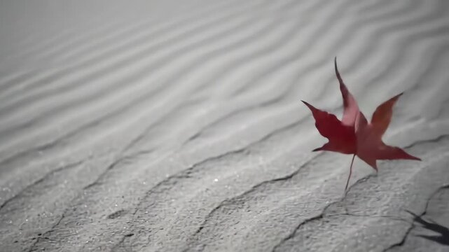 Single red maple leaf casting shadow on cracked stone surface in sunlight.