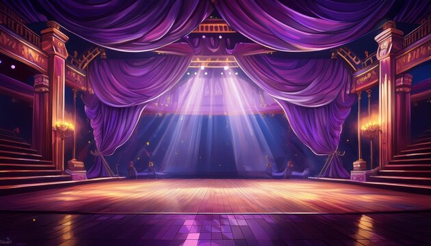 art of empty theater stage with purple spotlights and curtains