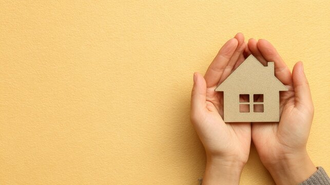 A small wooden house model is being gently held by two hands in front of a beige background