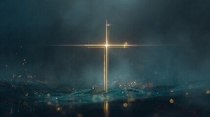 A wooden cross towers above, set against a resplendent golden light and sparks, signifying faith and hope