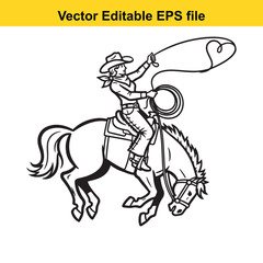 Fototapeta premium Black and white line art vector illustration of a cowgirl riding a bucking horse while swinging a lasso, isolated on