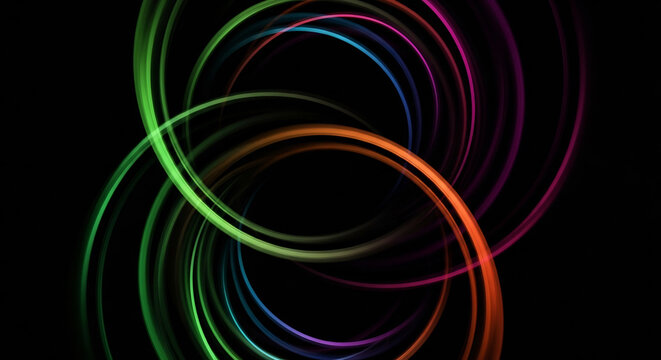 Vibrant, swirling light trails create an abstract, energetic dance against a dark background.