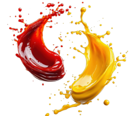 Vibrant red and yellow paint splashes in dynamic motion
