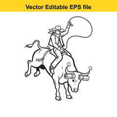 Fototapeta premium Black and white line art vector illustration of a cowboy riding a bucking bull while holding a lasso, isolated on