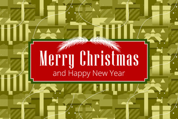Merry Christmas greeting card, Holiday card, print banner, flyer, poster, background, Red, Green, Gold, Merry Christmas Text, Happy New Year, Gifts, Santa, Tree and has space to write