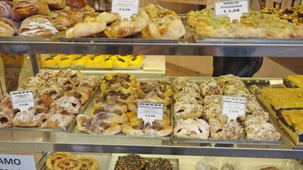Fresh Italian Pastries in Bakery Display, Bergamo, Italy.Filmed on 21 September 2025.