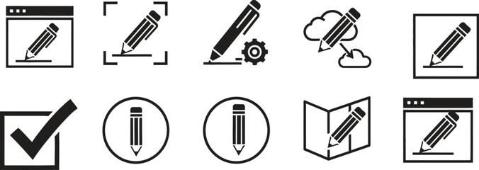 Creative writing icons collection representing drafting editing and confirming tasks