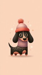 cute christmas Dachshund wearing a red hat with gold icing details, pastel pink and gold color palette