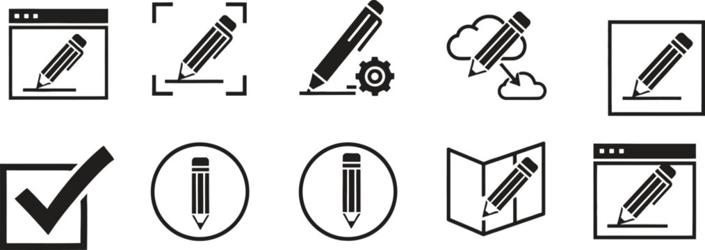 Creative writing icons collection representing drafting editing and confirming tasks