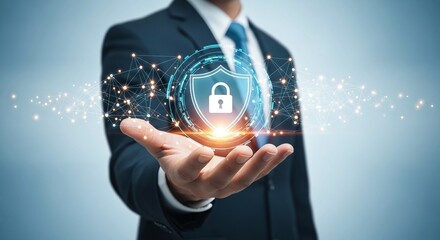 A businessmans hand presenting a glowing blue digital shield with a padlock icon, surrounded by network connections, representing robust cybersecurity and data protection
