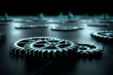 A close-up perspective highlights state-of-the-art gears against a digital background for illustrating tech principles