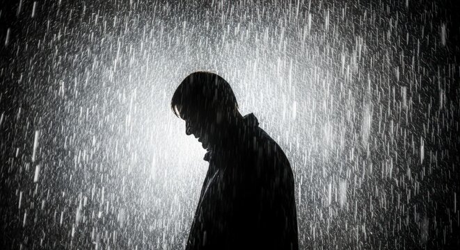 A poignant silhouette of a lone figure standing sadly in a heavy downpour at night - Powered by Adobe