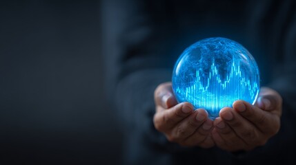 An image of a hand grasping a glowing crystal ball adorned with digital financial symbols, symbolizing technology and innovation