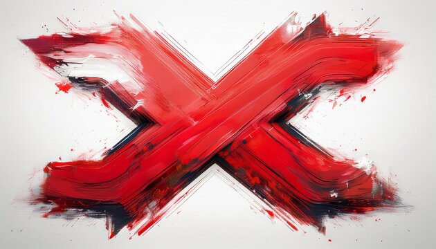 a bold red x mark painted with brush strokes with white pixelated edges isolated on white background