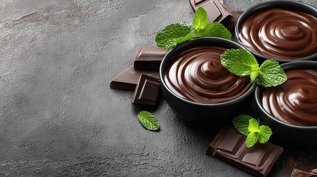 A bowl containing the Supangle dessert, a chocolate pudding with a unique semi-solid and semi-liquid consistency, sits on a gray background, where its smooth, velvety texture and deep chocolate color
