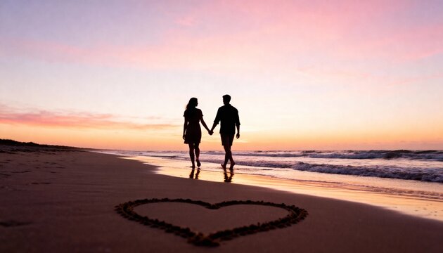 romantic couple holding hands on beach at sunset with heart in sand - Powered by Adobe