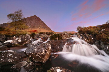 River Coupall falls backed by the Stob Dearg peak in the Buachaille Etive Mor ridge, under a colorful autumn sunrise. Argyll Highlands-Scotland-048