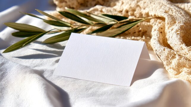 On a clean minimalist surface, a folded white blank name card is displayed, with the subtle shadows of plant leaves adding to its visual appeal, making it a perfect place card mockup template for use