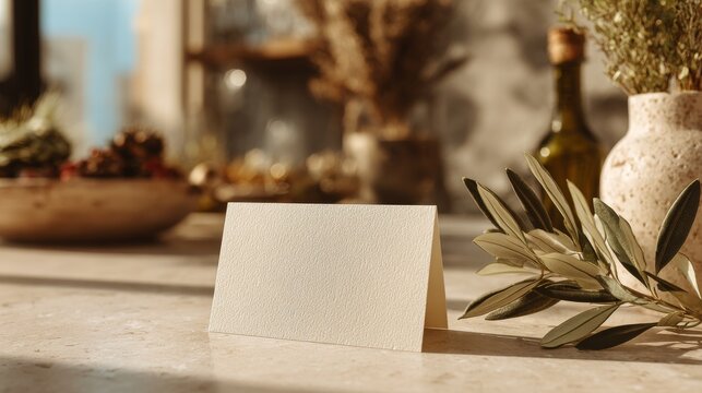 A pristine white name card, folded and positioned upright on a minimalist surface, is accentuated by the soft shadows of plant leaves, making it an ideal mockup template for place cards at weddings,