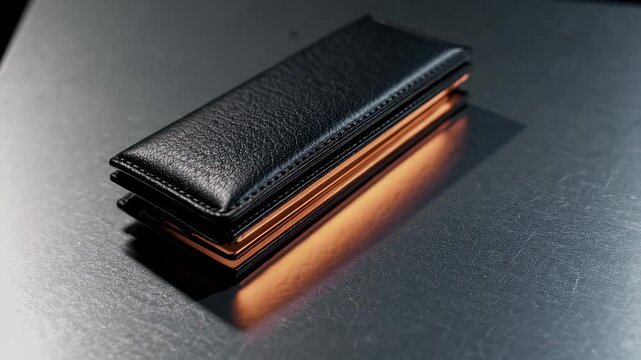 Black leather wallet closed lying on dark metallic surface with warm light reflection, minimalist men fashion accessory