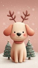 adorable watercolour happy golden retriever dog wearing agold reindeer anteler headband