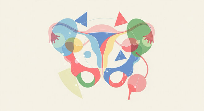 abstract medical illustration of pelvic health using geometric shapes and gentle pastel colors