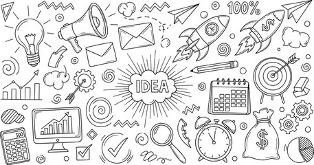 Business, productivity, creativity, brainstorming, innovation, startup, planning, marketing, finance, strategy, teamwork, growth, analysis, communication, success, idea, flat vector illustration