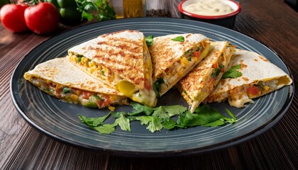golden chicken quesadilla wheel mexican tortilla with veggies cheese and cilantro