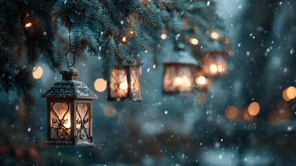 Hand drawn Christmas background illustration featuring glowing lanterns hanging from frosted evergreen branches, softly lit by warm candlelight across a snowy winter evening scchristmas tree with snow