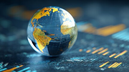 A modern blue background displays a glass globe world map alongside financial charts that illustrate economic growth and global business investment through detailed data analysis with a reflective