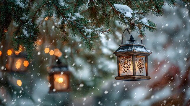 Elegant Christmas holiday background design of decorative illuminated lanterns set among pine garlands, twinkling lights, holly sprigs and gentle falling snow in a cozy fechristmas lantern in the snow