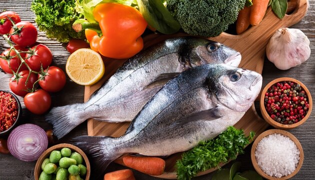 fresh seafood ingredients whole fish with vegetables fruits and herbs for cooking