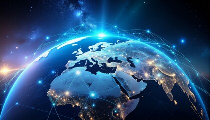 Connect to the world with this stunning global network visualization, perfect for showcasing international business, technology, and communication solutions