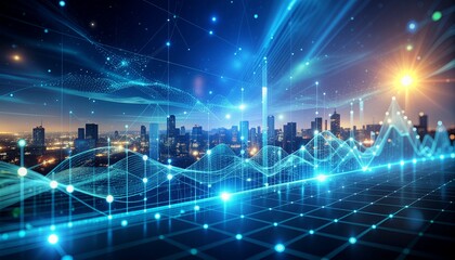 Visualize stunning financial growth with a vibrant skyline and glowing data analytics, perfect for modern business presentations and investment reports