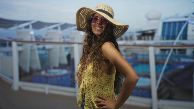 Hispanic woman smiling, posing hands on hips wearing widebrim sunhat, pink sunglasses and yellow knit top on ship deck by pool; vacation relaxation.