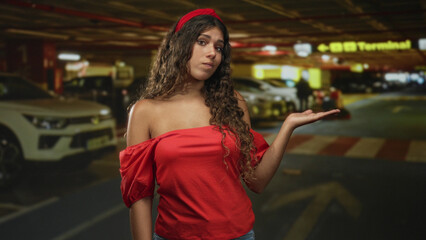 Woman with palm up gesture and exposed shoulder at airport terminal dropoff area near parked cars; uncertainty waiting.