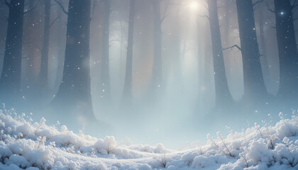 Enchanted Winter Forest with Falling Snow trees mist