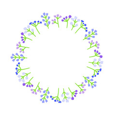 Cute round frame with delicate wildflowers in soft lavender colors isolated on white background.
